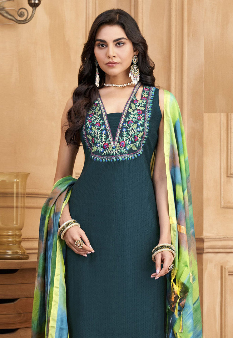 Teal Silk Readymade Pant Style Suit