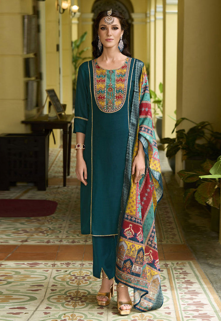 Teal Silk Readymade Pant Style Suit