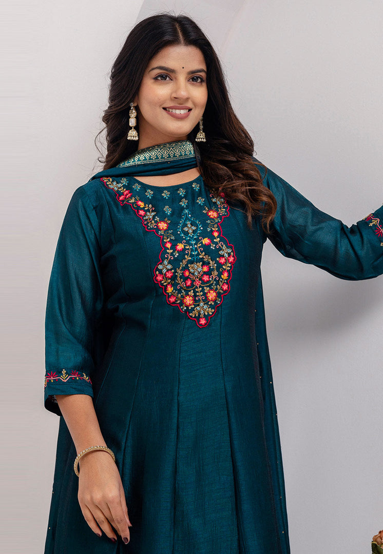 Teal Silk Readymade Pant Style Suit