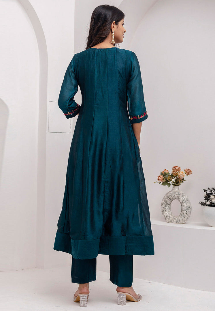 Teal Silk Readymade Pant Style Suit