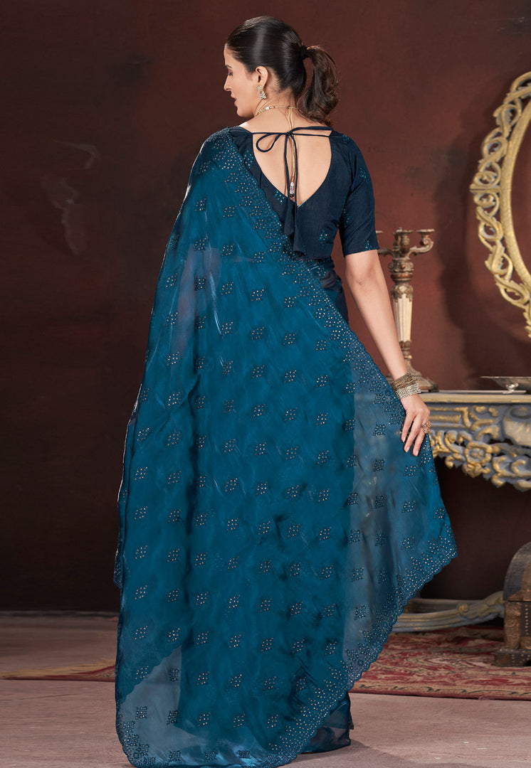 Teal Silk Saree With Blouse