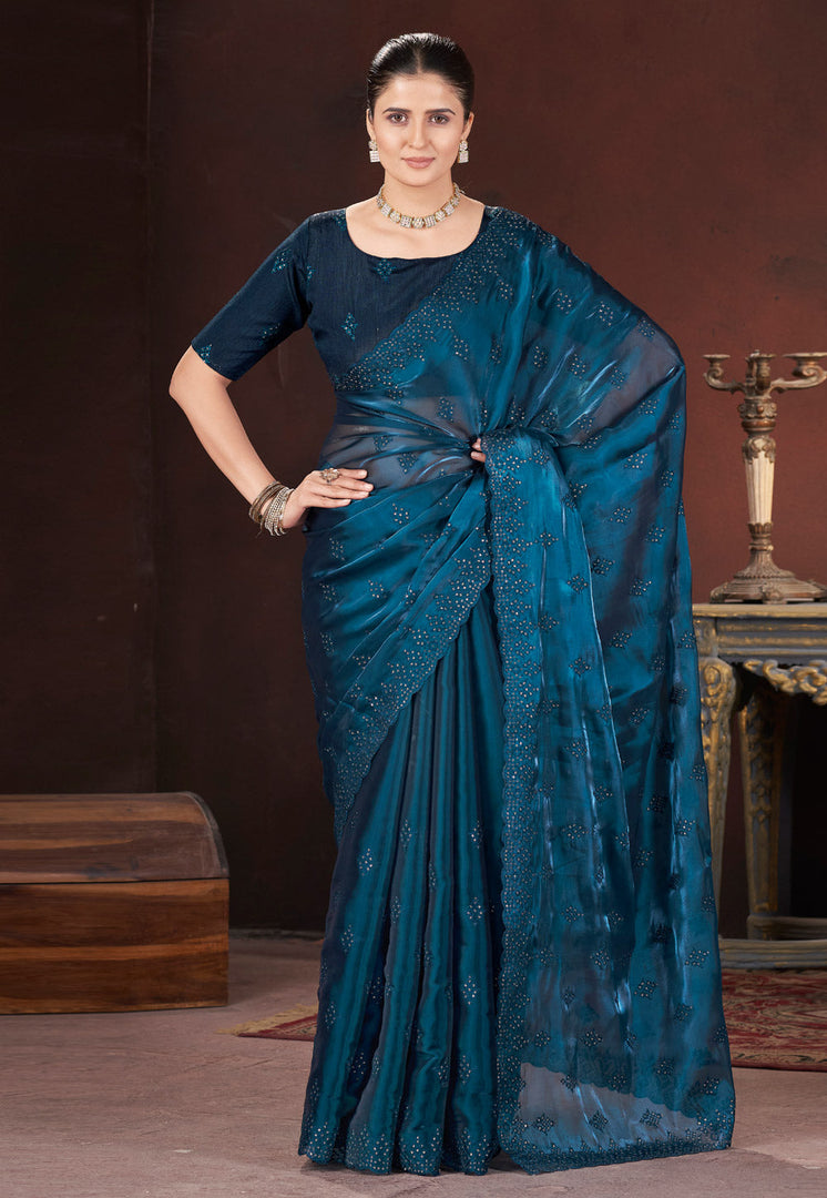 Teal Silk Saree With Blouse