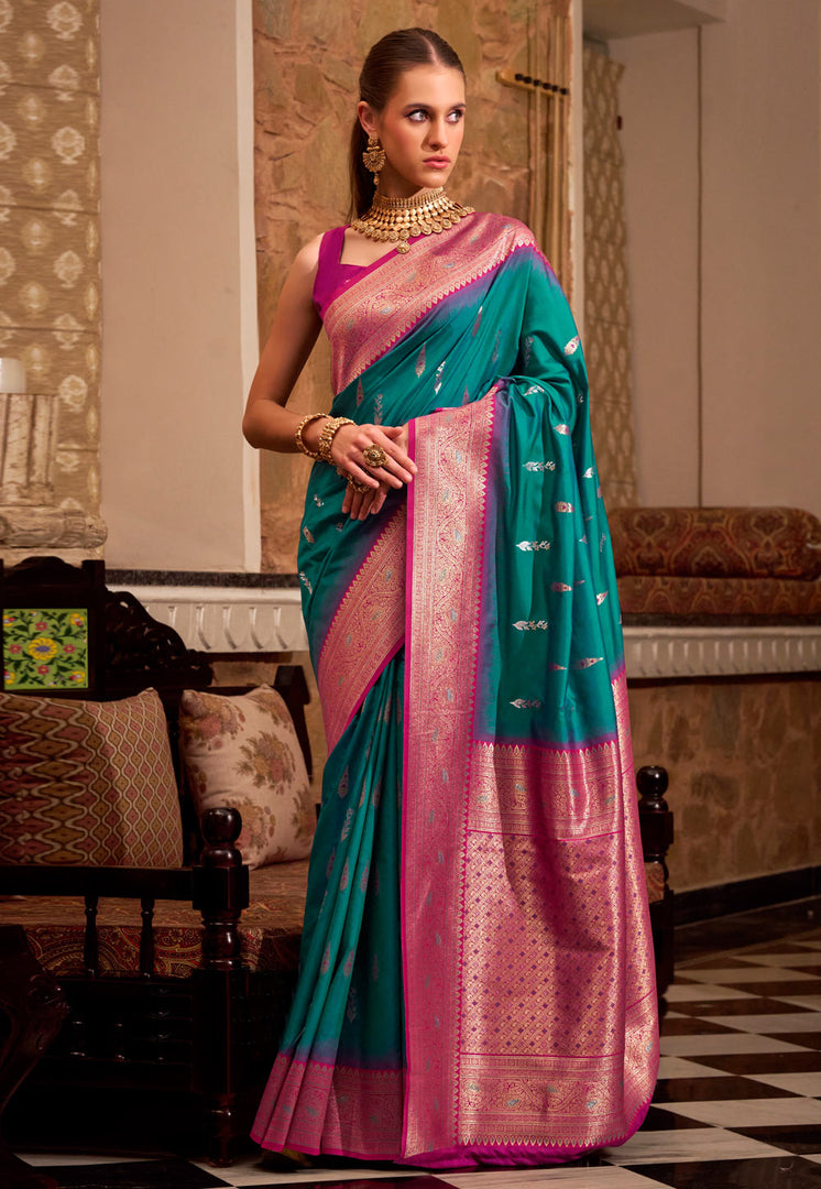 Teal Silk Saree With Blouse