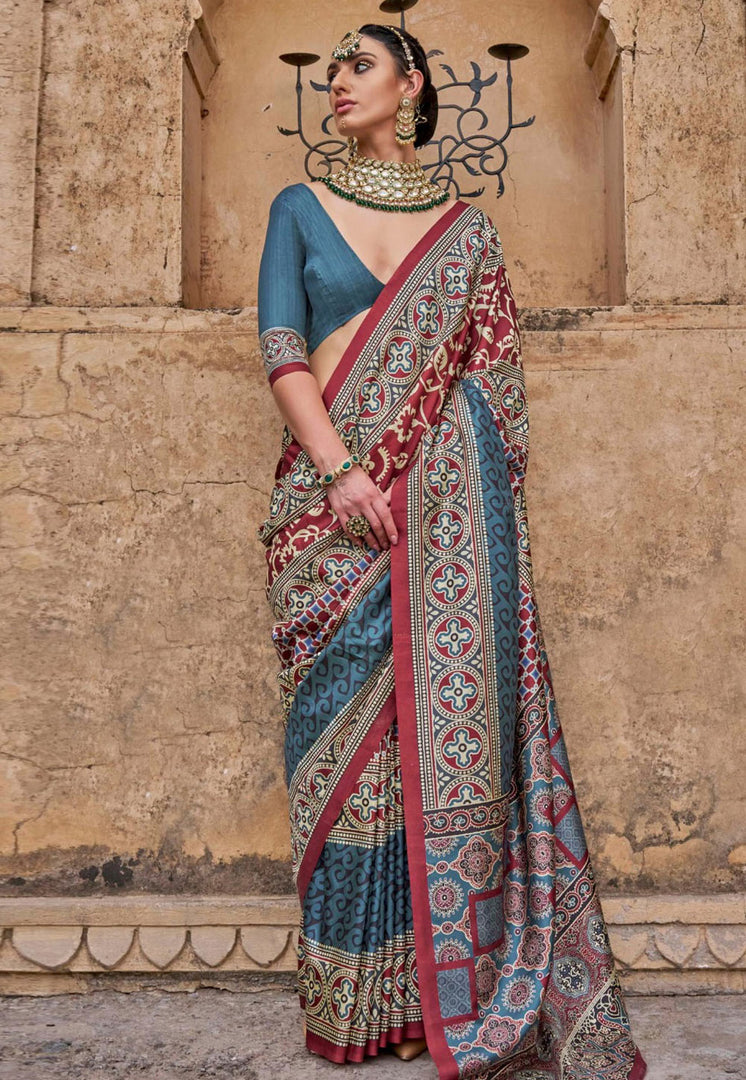 Teal Silk Saree With Blouse