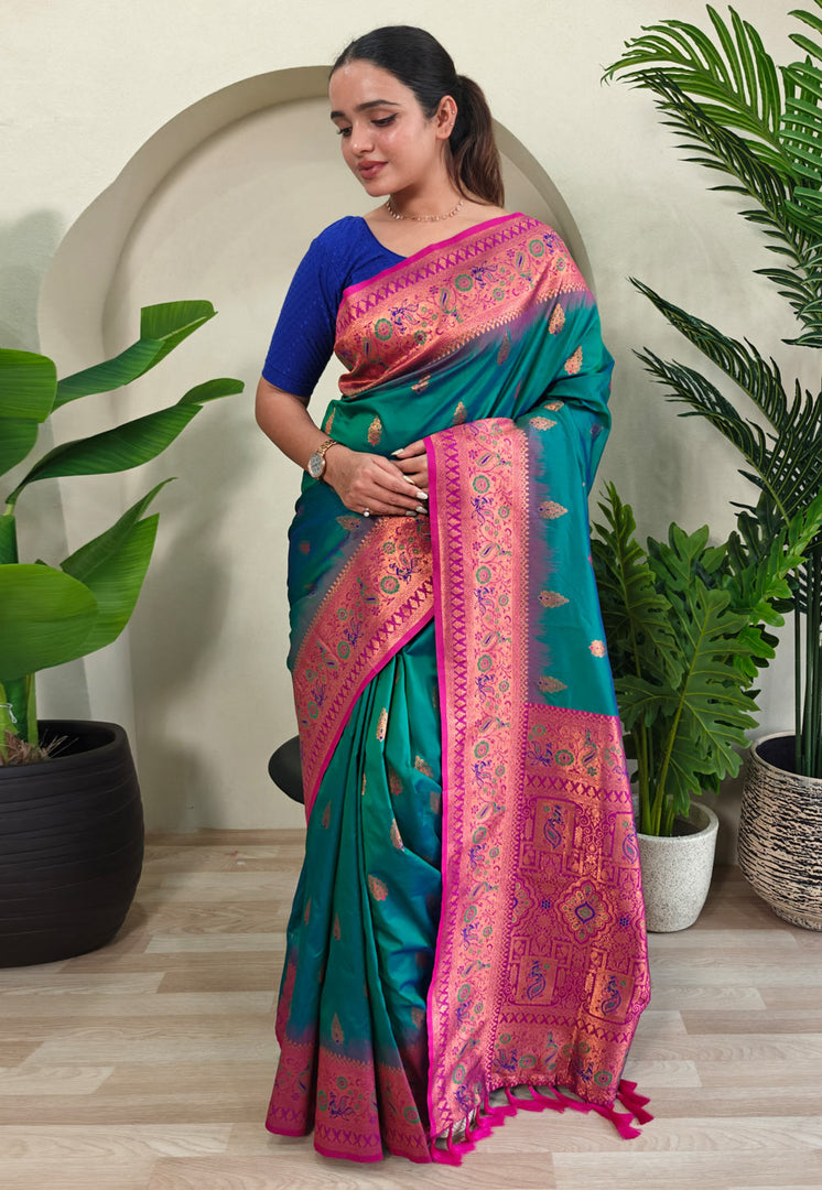 Teal Silk Saree With Blouse