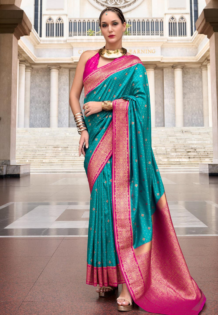 Teal Silk Saree With Blouse