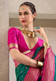 Teal Silk Saree With Blouse