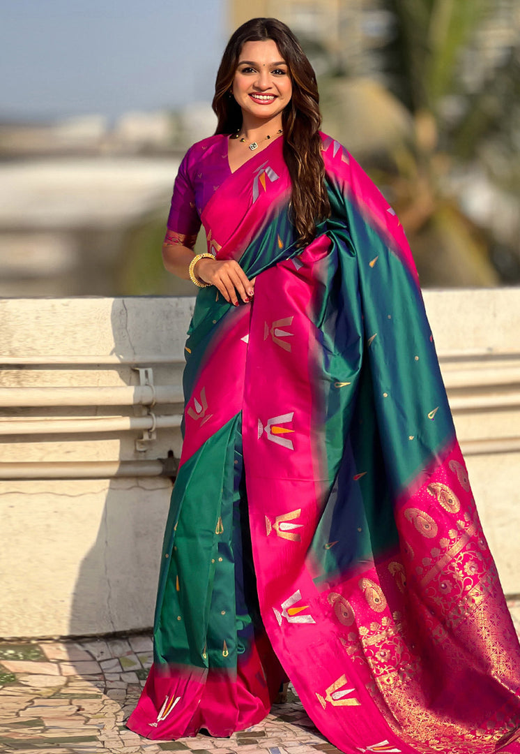 Teal Silk Saree With Blouse