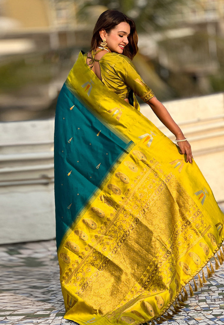 Teal Silk Saree With Blouse