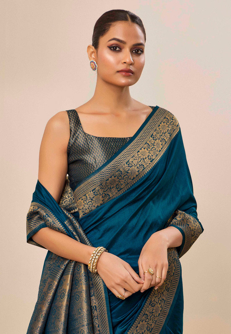 Teal Silk Saree With Blouse