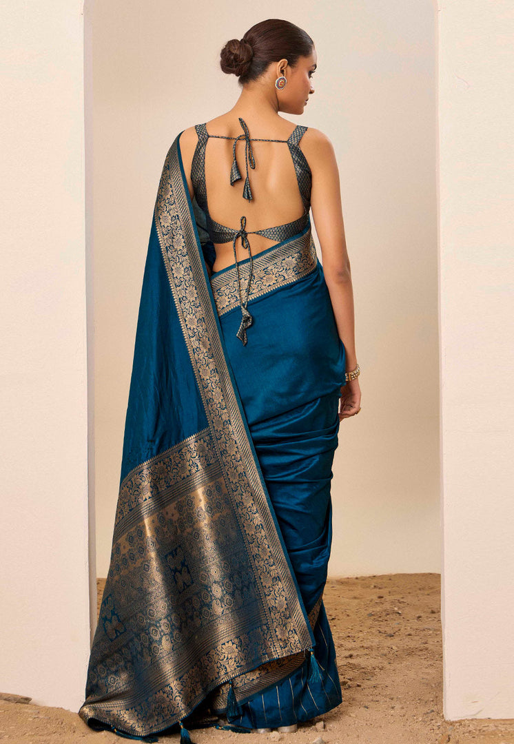 Teal Silk Saree With Blouse