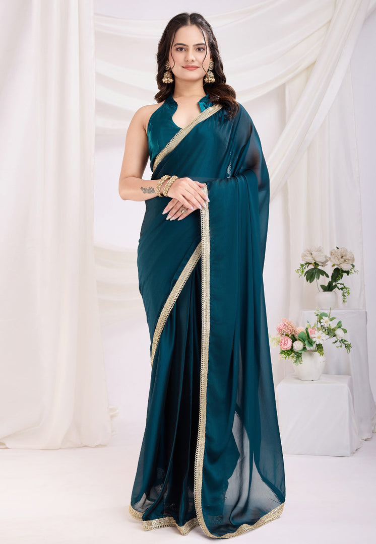 Teal Silk Saree With Blouse