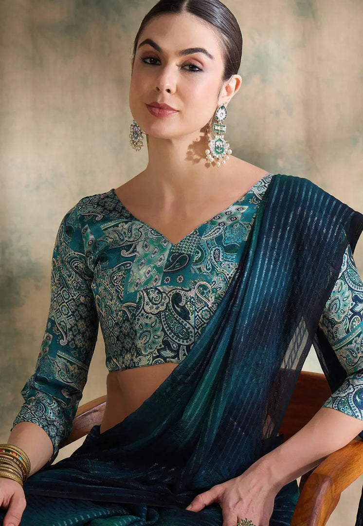Teal Silk Saree With Blouse