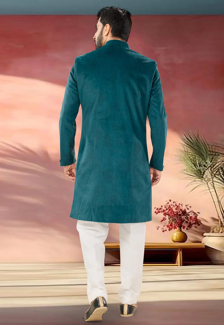 Teal Suede Indo Western Suit