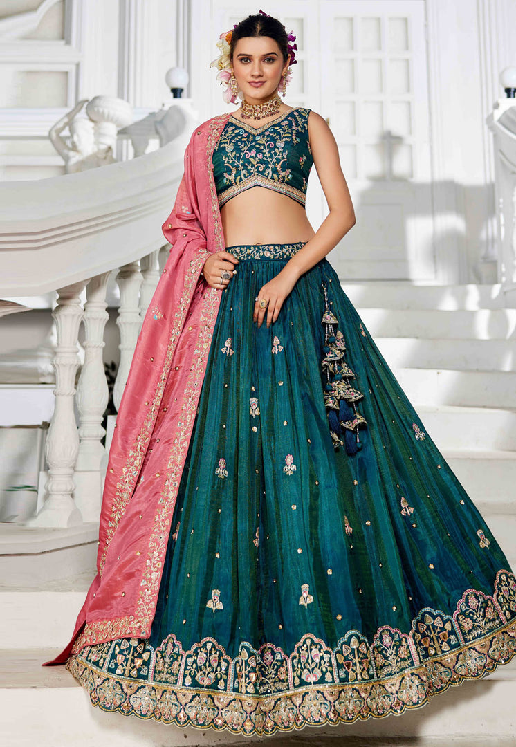 Teal Tissue Lehenga Choli