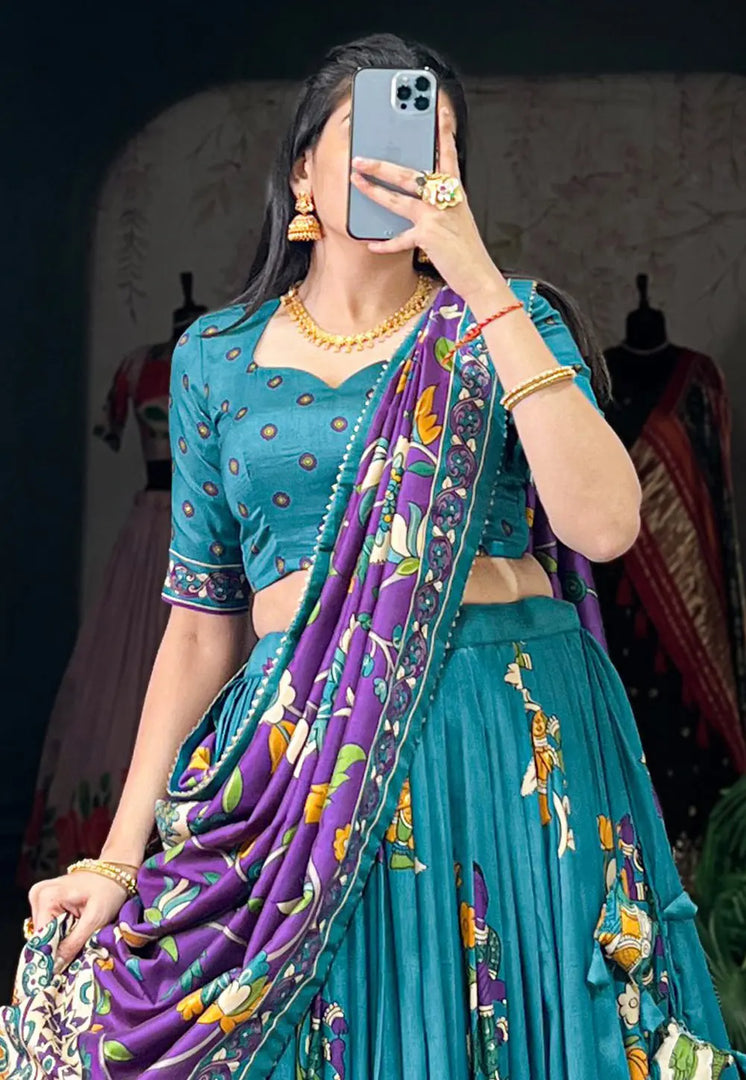 Teal Tussar Silk Circular Lehenga Choli