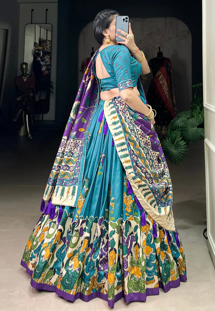 Teal Tussar Silk Circular Lehenga Choli