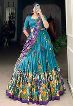 Load image into Gallery viewer, Teal Tussar Silk Circular Lehenga Choli
