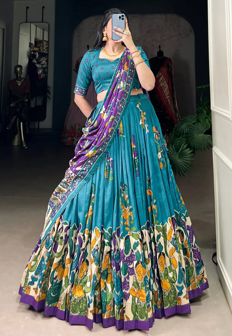 Teal Tussar Silk Circular Lehenga Choli
