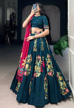Load image into Gallery viewer, Teal Tussar Silk Floral print Lehenga choli
