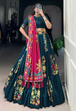 Load image into Gallery viewer, Teal Tussar Silk Floral print Lehenga choli
