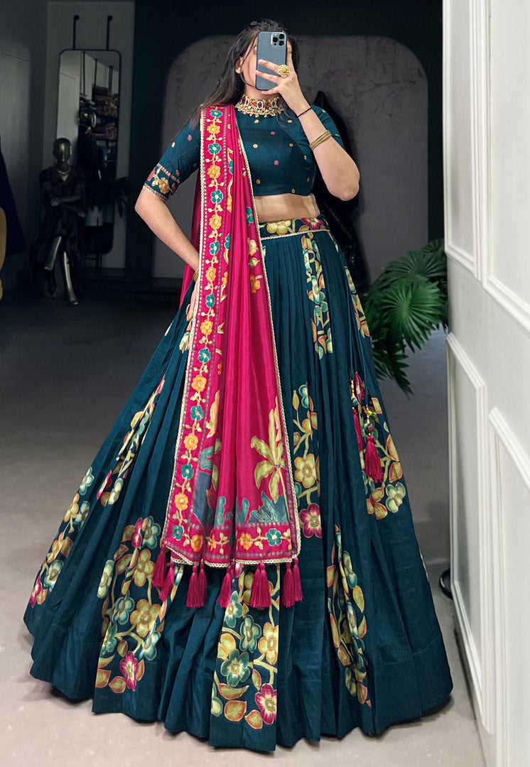 Teal Tussar Silk Floral print Lehenga choli