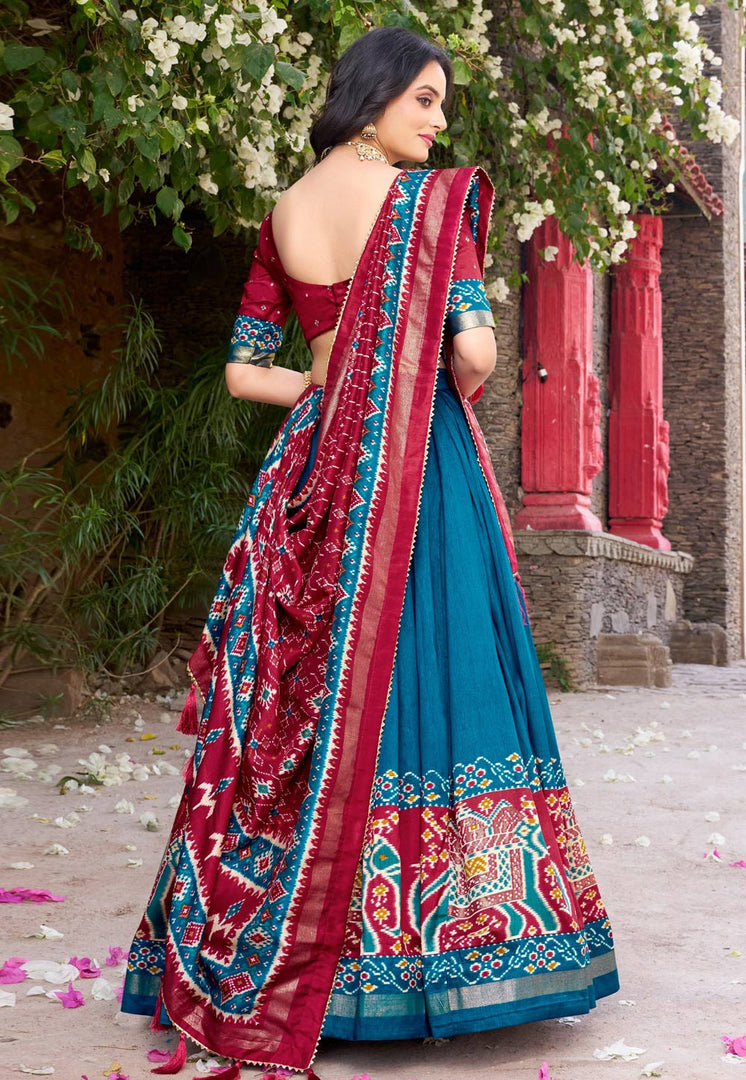 Teal Tussar Silk Lehenga Choli