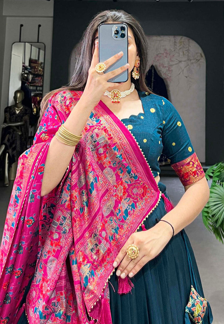 Teal Tussar Silk Lehenga Choli