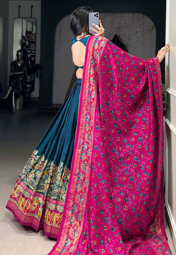 Teal Tussar Silk Lehenga Choli