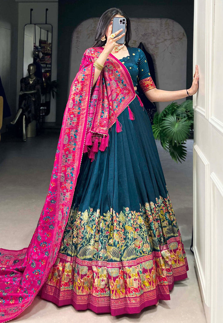 Teal Tussar Silk Lehenga Choli