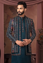 Load image into Gallery viewer, Teal Velvet Indo Western Suit
