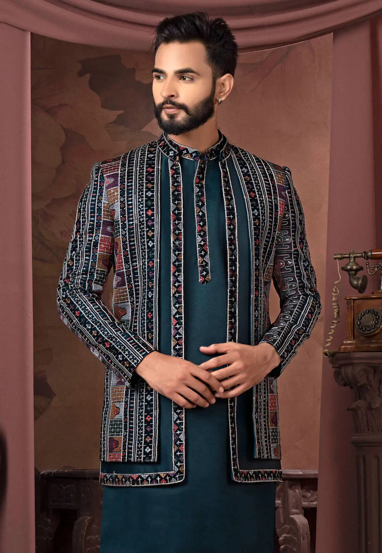 Teal Velvet Indo Western Suit