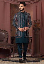Load image into Gallery viewer, Teal Velvet Indo Western Suit
