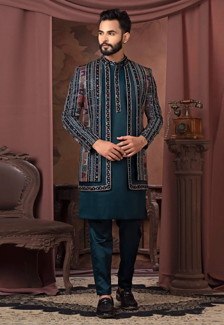 Teal Velvet Indo Western Suit