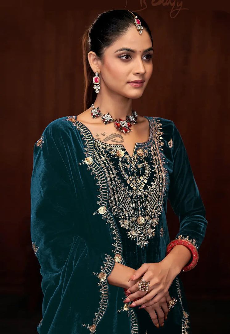 Teal Velvet Palazzo Suit