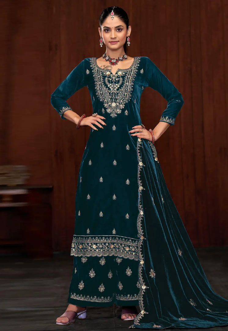 Teal Velvet Palazzo Suit