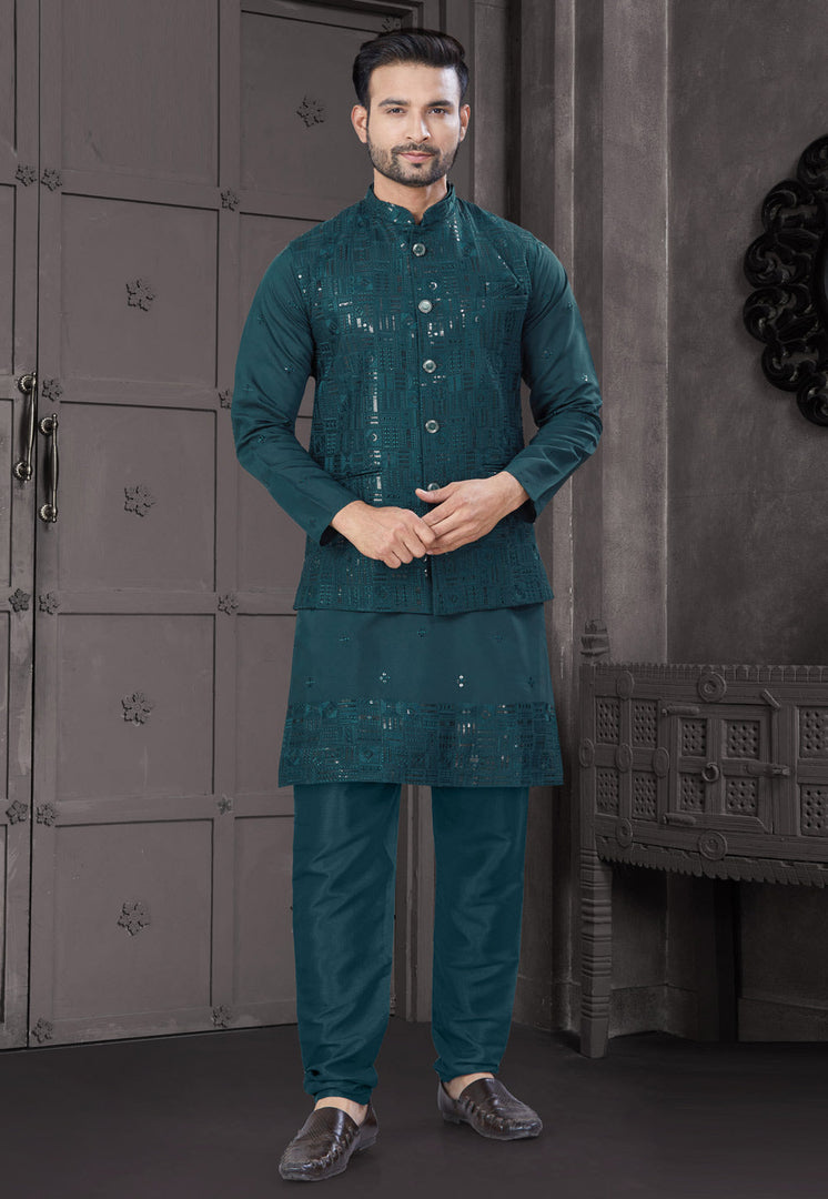 Teal Viscose Kurta Pajama With Jacket