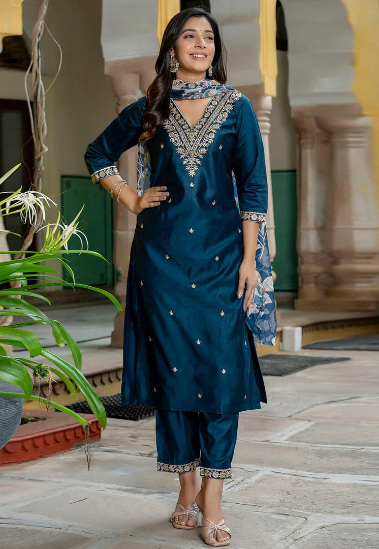 Teal Viscose Rayon Readymade Pakistani Suit