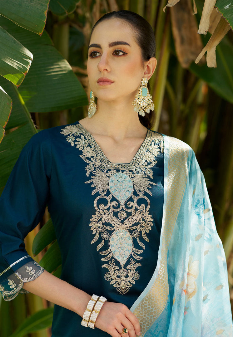Teal Viscose Rayon Readymade Pant Style Suit