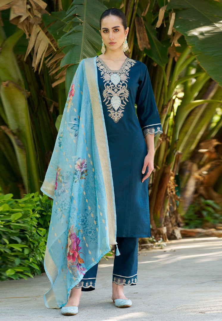 Teal Viscose Rayon Readymade Pant Style Suit