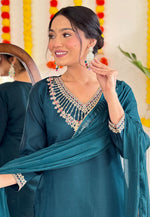 Load image into Gallery viewer, Teal Viscose Readymade Pakistani Suit
