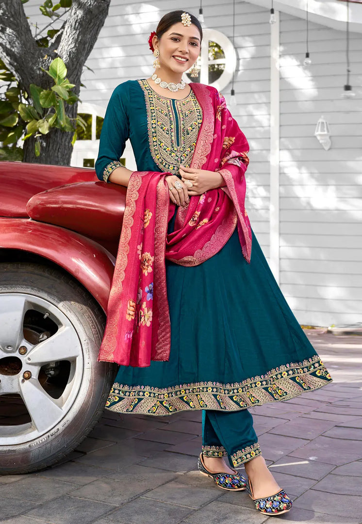 Teal Viscose Readymade Pant Style Suit