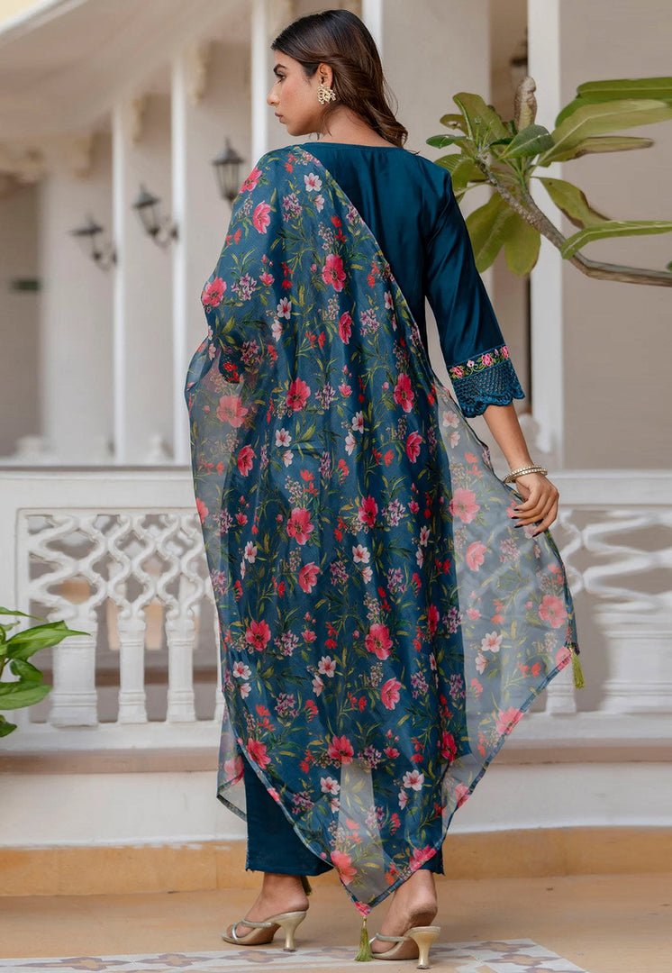 Teal Viscose Readymade Pant Style Suit