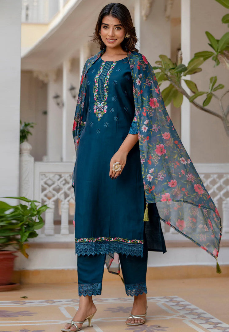 Teal Viscose Readymade Pant Style Suit