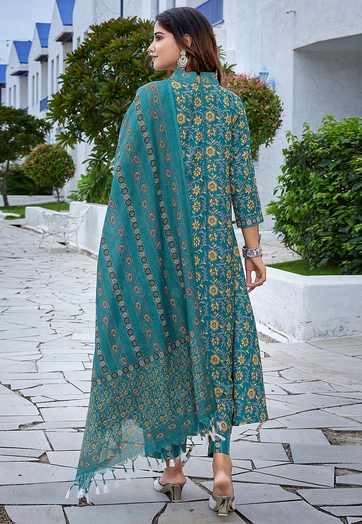 Teal Viscose Readymade Pant Style Suit