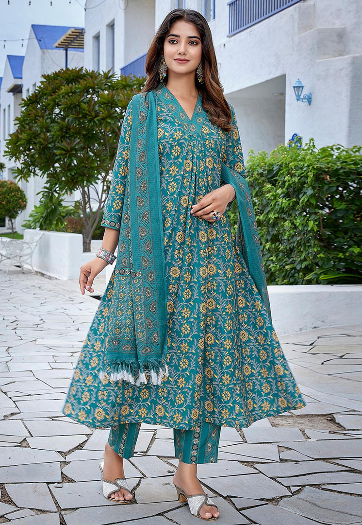 Teal Viscose Readymade Pant Style Suit