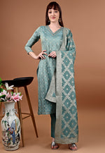 Load image into Gallery viewer, Teal Viscose Shimmer Readymade Pant Style Suit

