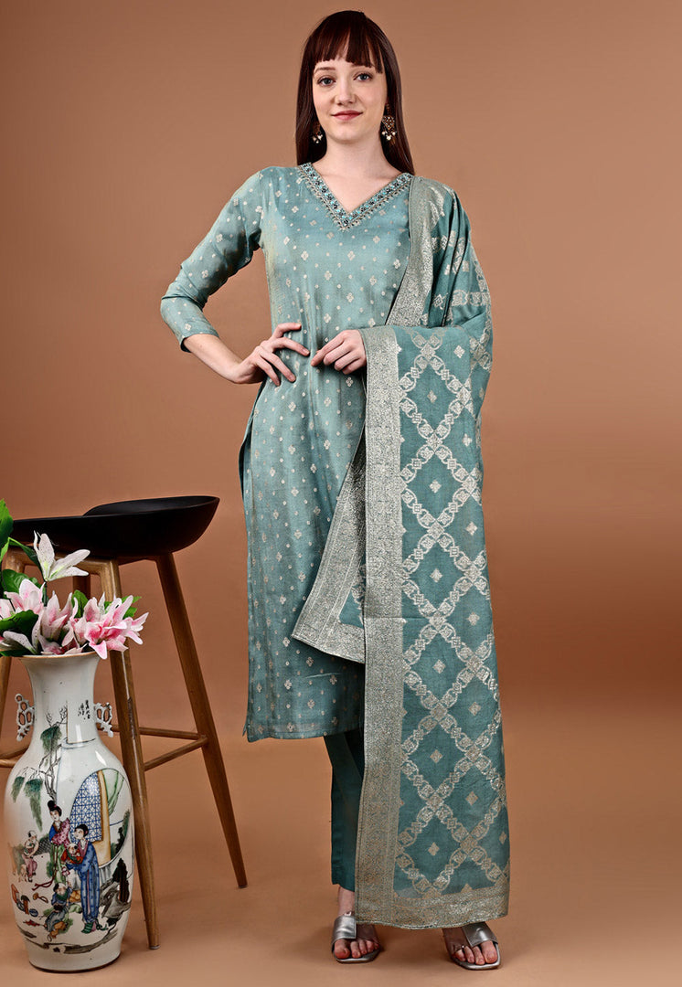 Teal Viscose Shimmer Readymade Pant Style Suit