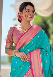Turquoise Banarasi Silk Paithani Saree