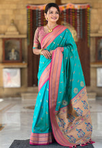 Load image into Gallery viewer, Turquoise Banarasi Silk Paithani Saree
